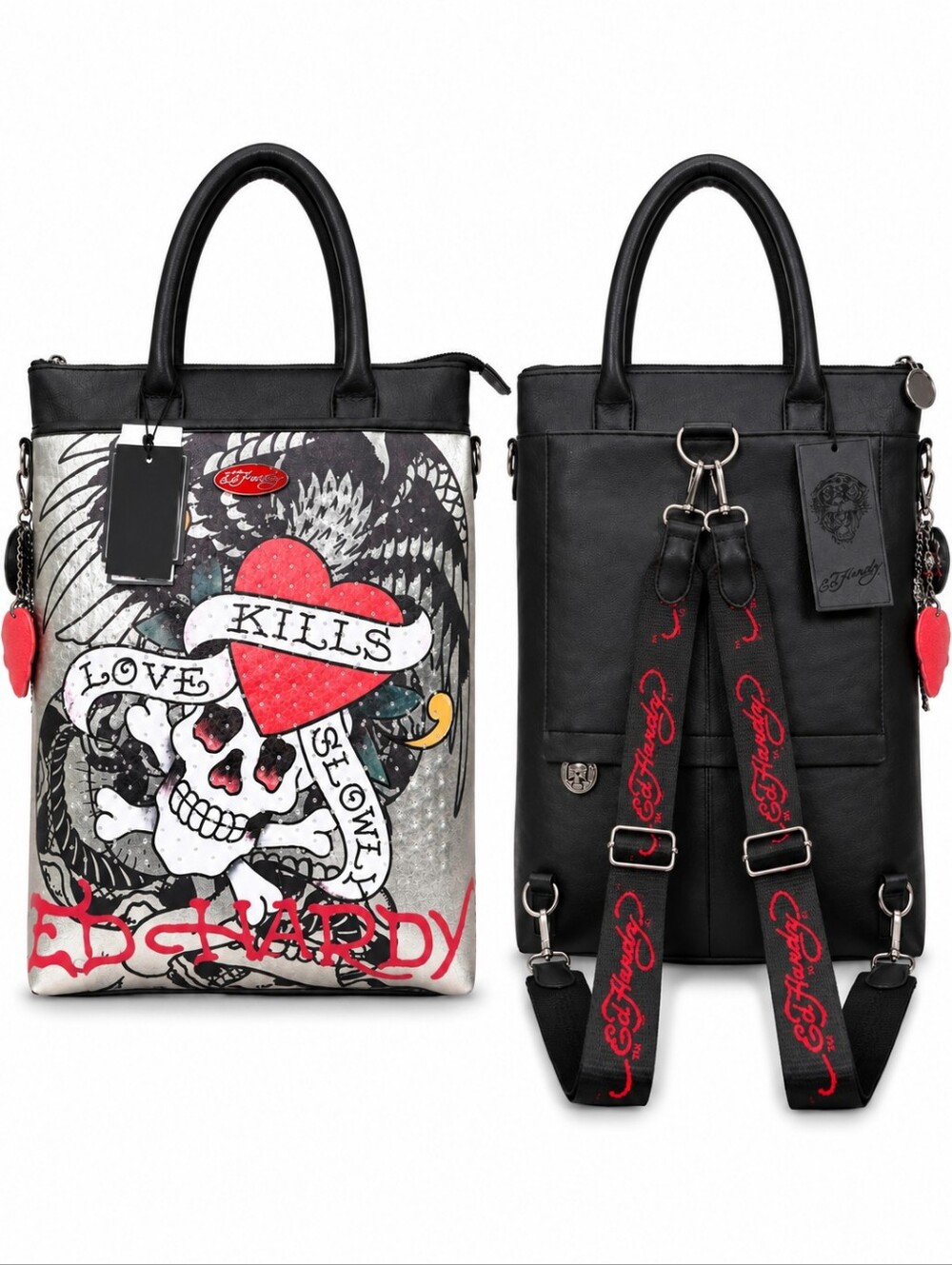 Ed Hardy Metallic Skull Heart Tote Backpack in Silver and Black